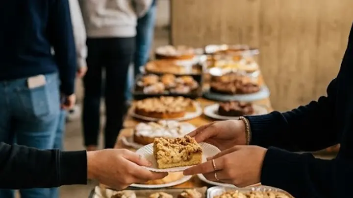 Kuchenverkauf in der Schulpause: ein Tisch voller selbstgebackener Kuchen und Muffins, daneben eine geöffnete Geldkassette mit Münzen