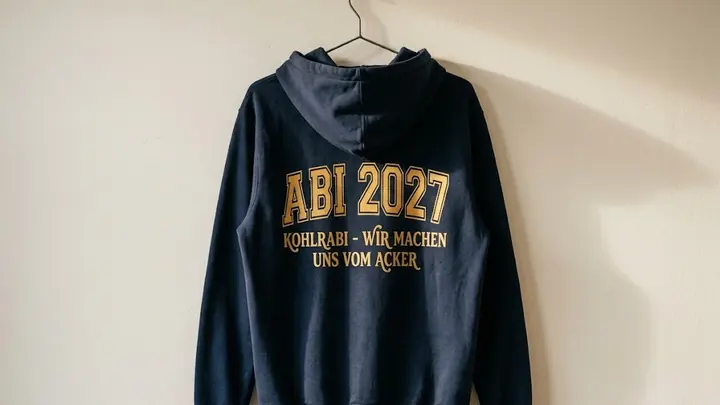 Dunkelblauer Abipulli von hinten an einem B&uuml;gel mit goldenem Druck: ABI 2027, darunter das Motto KohlrABI - wir machen uns vom Acker