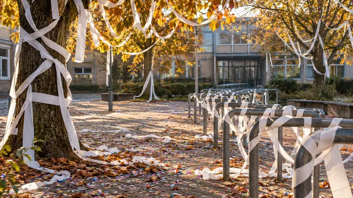Schulhof am Morgen nach dem Abistreich: B&auml;ume und Fahrradst&auml;nder mit Klopapier umwickelt, Konfetti auf dem Boden